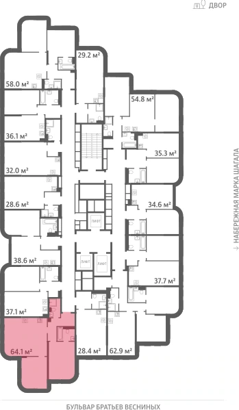 Квартира выделена на плане этажа: 2-комнатная, 64.1 м²