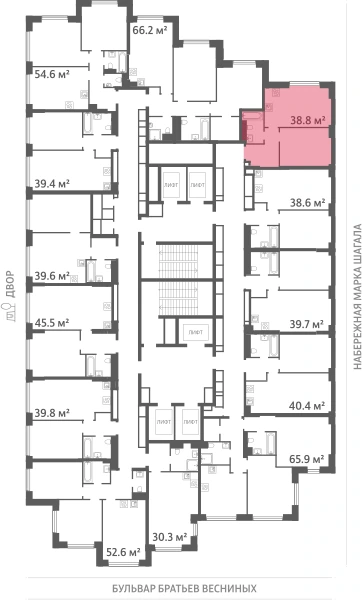 Квартира выделена на плане этажа: 1-комнатная, 38.8 м²