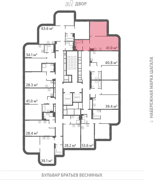 Квартира выделена на плане этажа: 1-комнатная, 41 м²