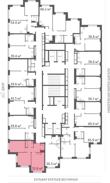 Квартира выделена на плане этажа: 2-комнатная, 52.6 м²