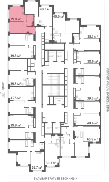 Квартира выделена на плане этажа: 1-комнатная, 39 м²