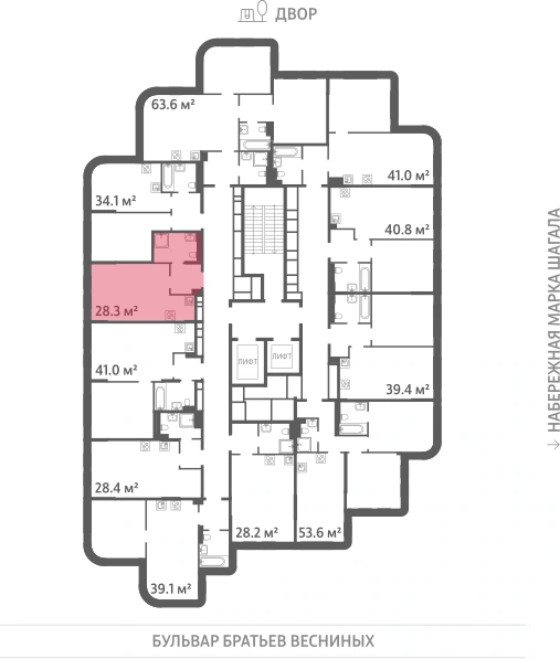 Квартира выделена на плане этажа: 1-комнатная, 28.3 м²