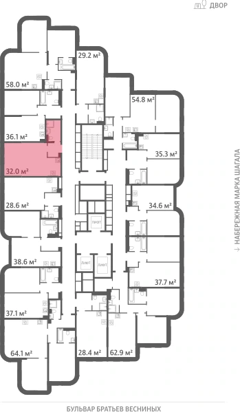Квартира выделена на плане этажа: 1-комнатная, 32 м²