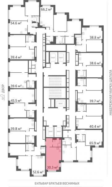 Квартира выделена на плане этажа: 1-комнатная, 30.3 м²