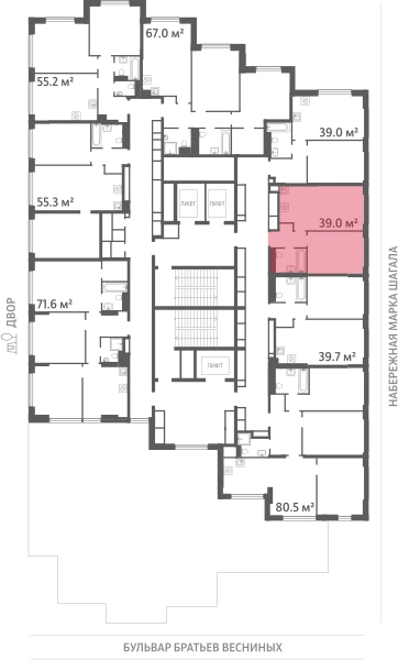 Квартира выделена на плане этажа: 1-комнатная, 39 м²
