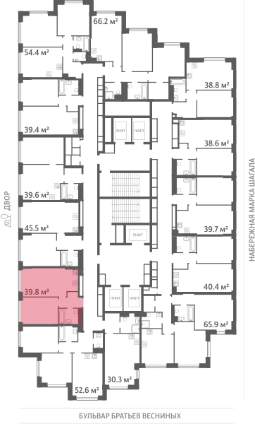 Квартира выделена на плане этажа: 1-комнатная, 39.8 м²