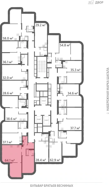 Квартира выделена на плане этажа: 2-комнатная, 64.1 м²