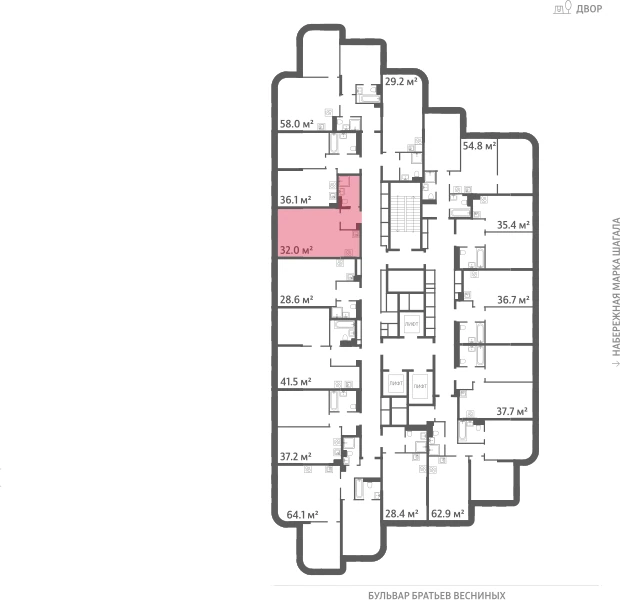Квартира выделена на плане этажа: 1-комнатная, 32 м²