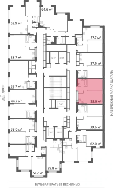 Квартира выделена на плане этажа: 1-комнатная, 38.9 м²