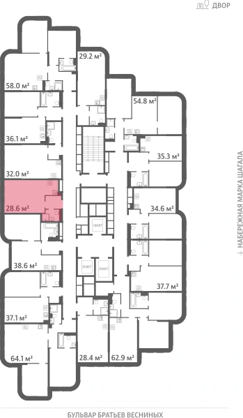 Квартира выделена на плане этажа: 1-комнатная, 28.6 м²
