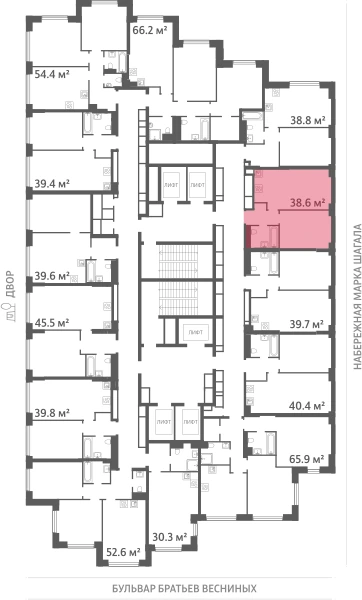 Квартира выделена на плане этажа: 1-комнатная, 38.6 м²