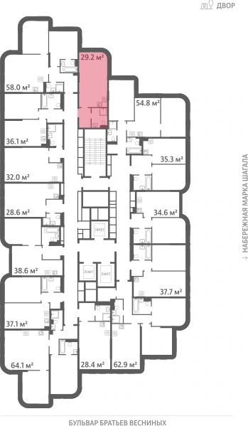 Квартира выделена на плане этажа: 1-комнатная, 29.2 м²