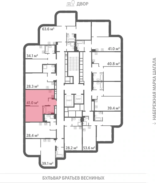 Квартира выделена на плане этажа: 1-комнатная, 41 м²