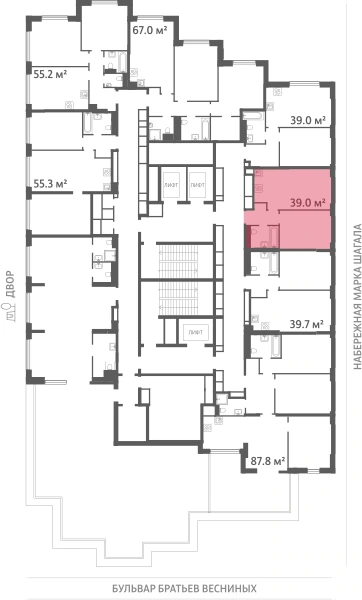 Квартира выделена на плане этажа: 1-комнатная, 39 м²