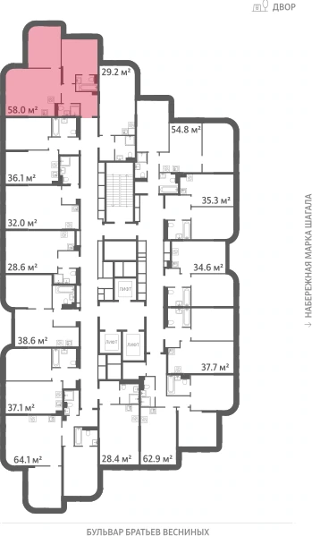 Квартира выделена на плане этажа: 2-комнатная, 58 м²