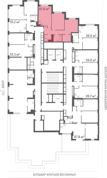 Квартира выделена на плане этажа: 2-комнатная, 67 м²