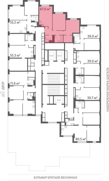 Квартира выделена на плане этажа: 2-комнатная, 67 м²