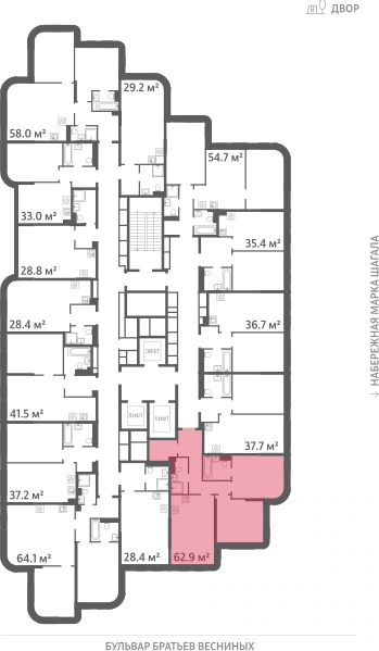 Квартира выделена на плане этажа: 2-комнатная, 62.9 м²