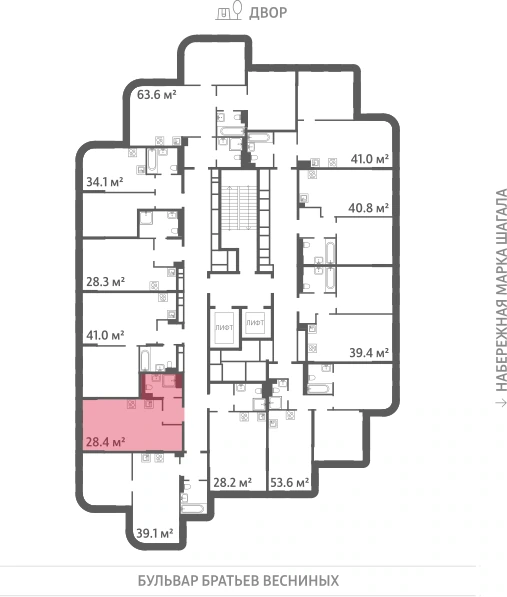 Квартира выделена на плане этажа: 1-комнатная, 28.4 м²