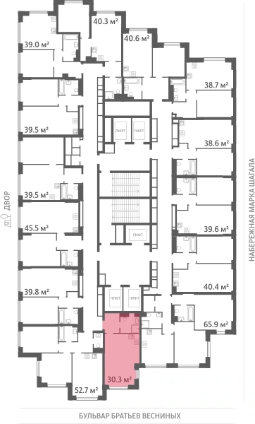 Квартира выделена на плане этажа: 1-комнатная, 30.3 м²