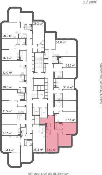 Квартира выделена на плане этажа: 2-комнатная, 62.9 м²