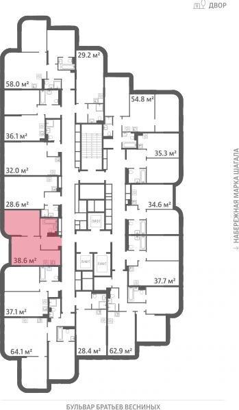 Квартира выделена на плане этажа: 1-комнатная, 38.6 м²