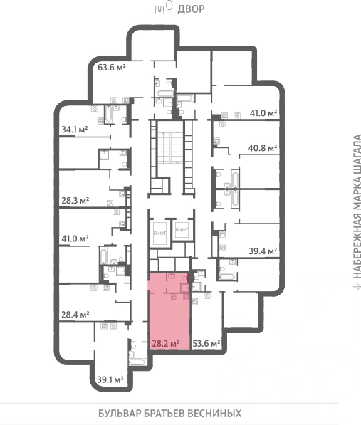 Квартира выделена на плане этажа: 1-комнатная, 28.2 м²