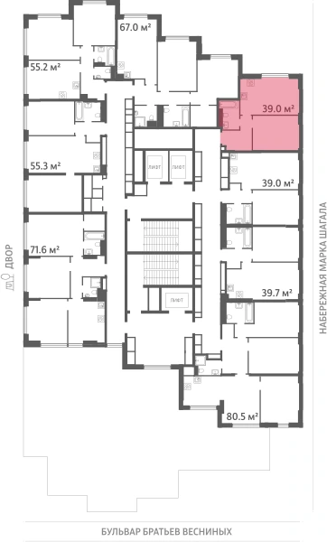 Квартира выделена на плане этажа: 1-комнатная, 39 м²
