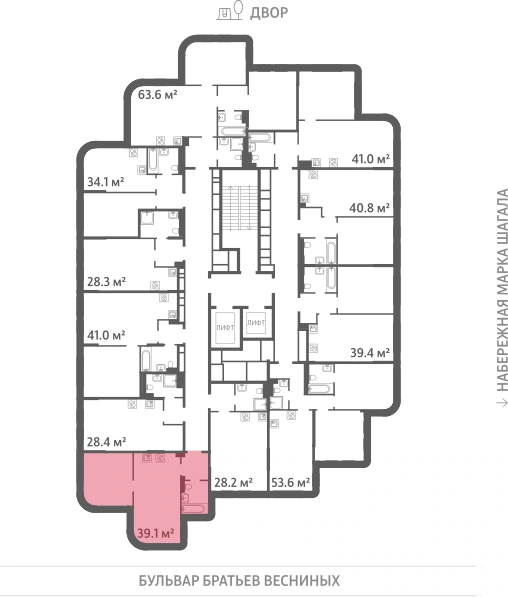 Квартира выделена на плане этажа: 1-комнатная, 39.1 м²