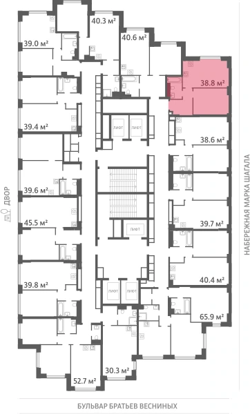 Квартира выделена на плане этажа: 1-комнатная, 38.8 м²