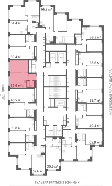 Квартира выделена на плане этажа: 1-комнатная, 39.6 м²