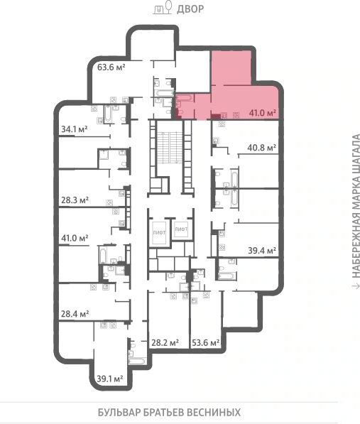Квартира выделена на плане этажа: 1-комнатная, 41 м²