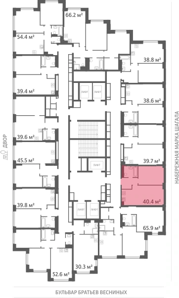 Квартира выделена на плане этажа: 1-комнатная, 40.4 м²