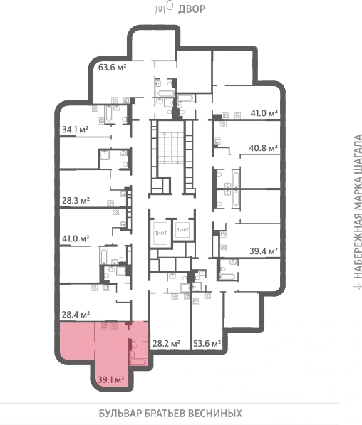 Квартира выделена на плане этажа: 1-комнатная, 39.1 м²