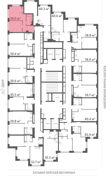 Квартира выделена на плане этажа: 1-комнатная, 39 м²