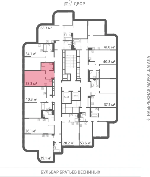 Квартира выделена на плане этажа: 1-комнатная, 28.3 м²