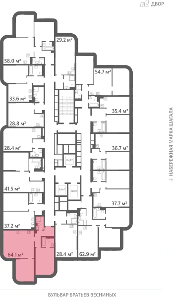 Квартира выделена на плане этажа: 2-комнатная, 64.1 м²