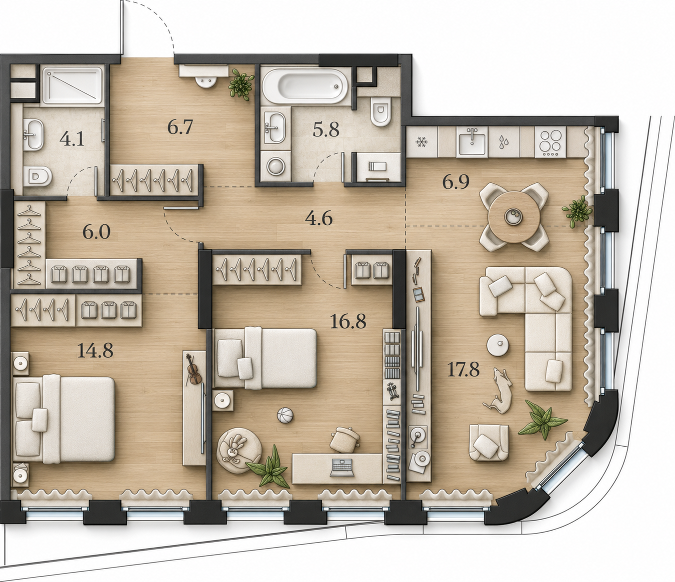 AI-иллюстрация 83,5 м². Материалы и меблировка показаны условно; официальный чертёж — в 2D.