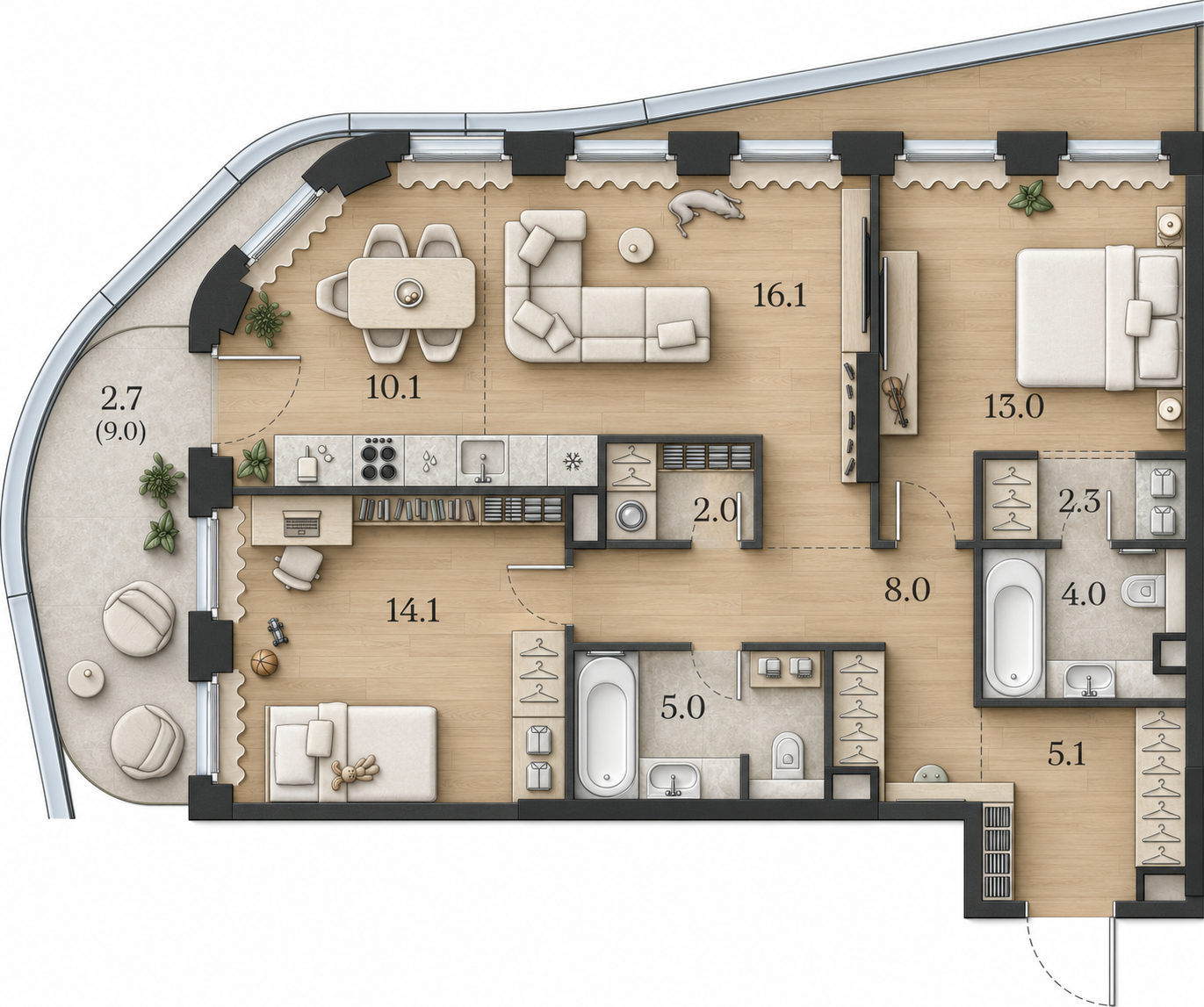 AI-иллюстрация 82,4 м². Материалы и меблировка показаны условно; официальный чертёж — в 2D.