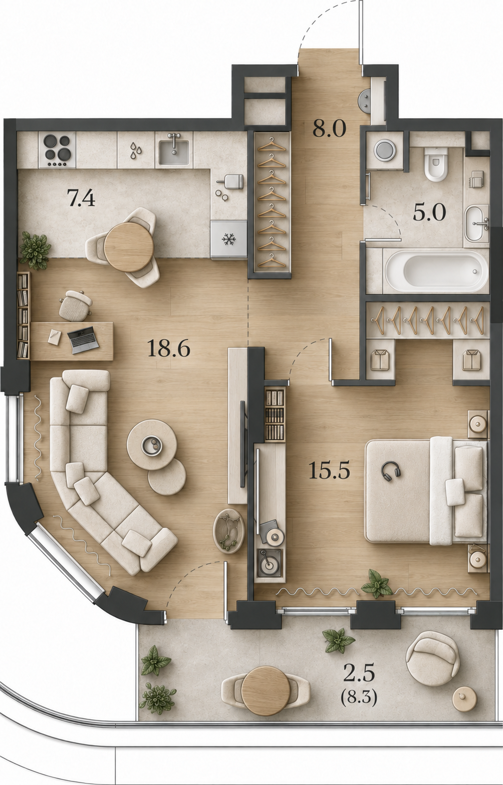 AI-иллюстрация 57,0 м². Материалы и меблировка показаны условно; официальный чертёж — в 2D.
