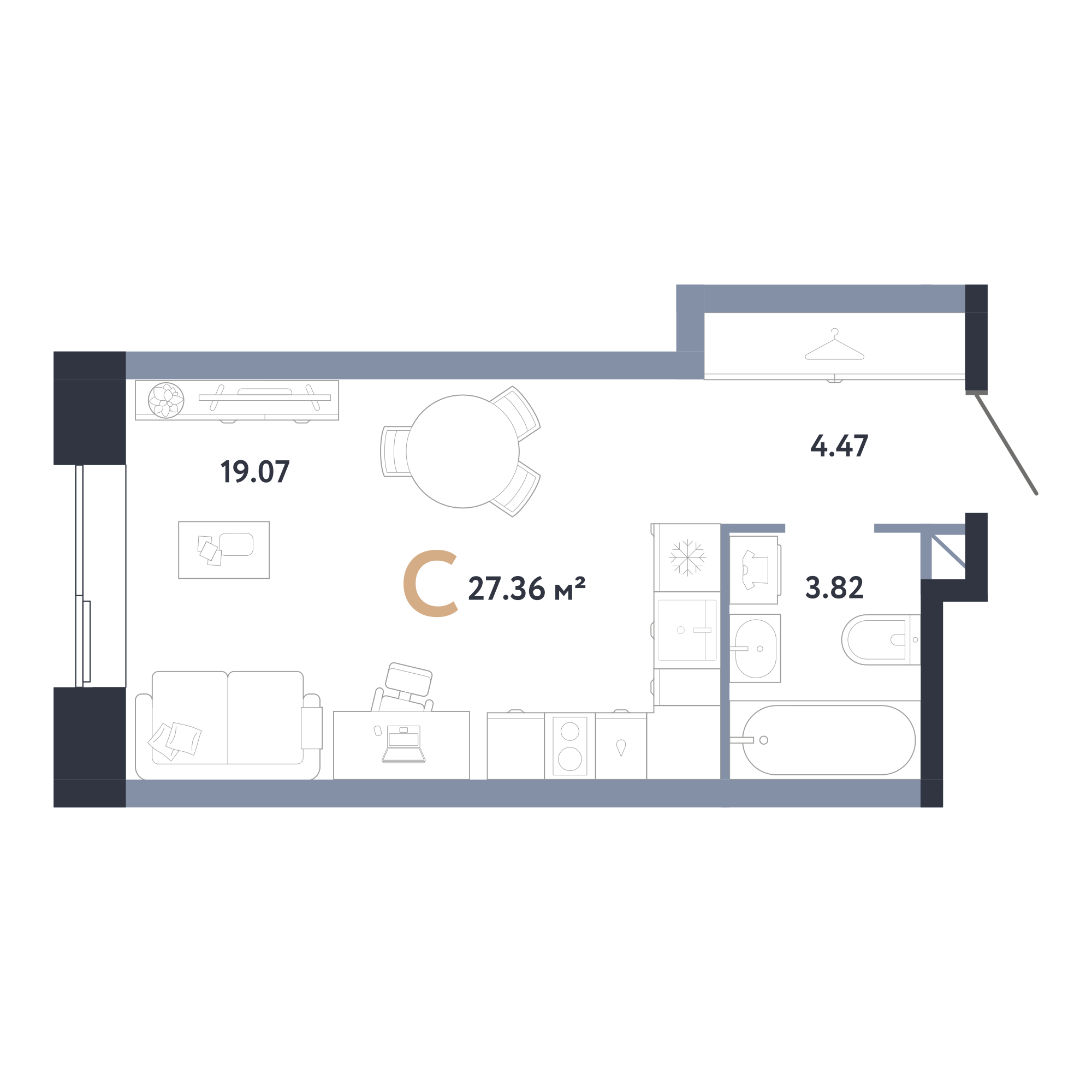 Точная планировка студии 27,4 м²