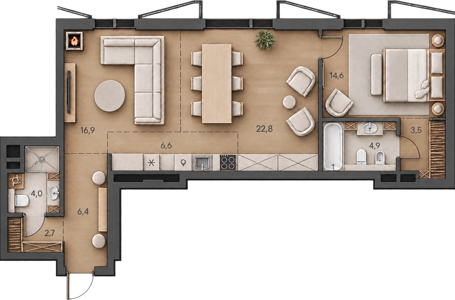 AI-иллюстрация 82,4 м². Материалы и меблировка показаны условно; официальный чертёж — в 2D.