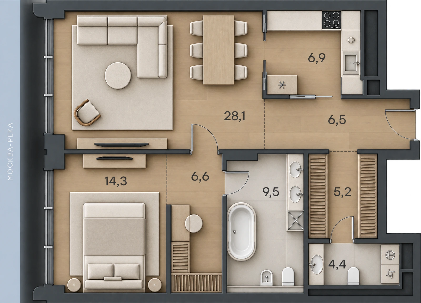 AI-иллюстрация 81,5 м². Материалы и меблировка показаны условно; официальный чертёж — в 2D.