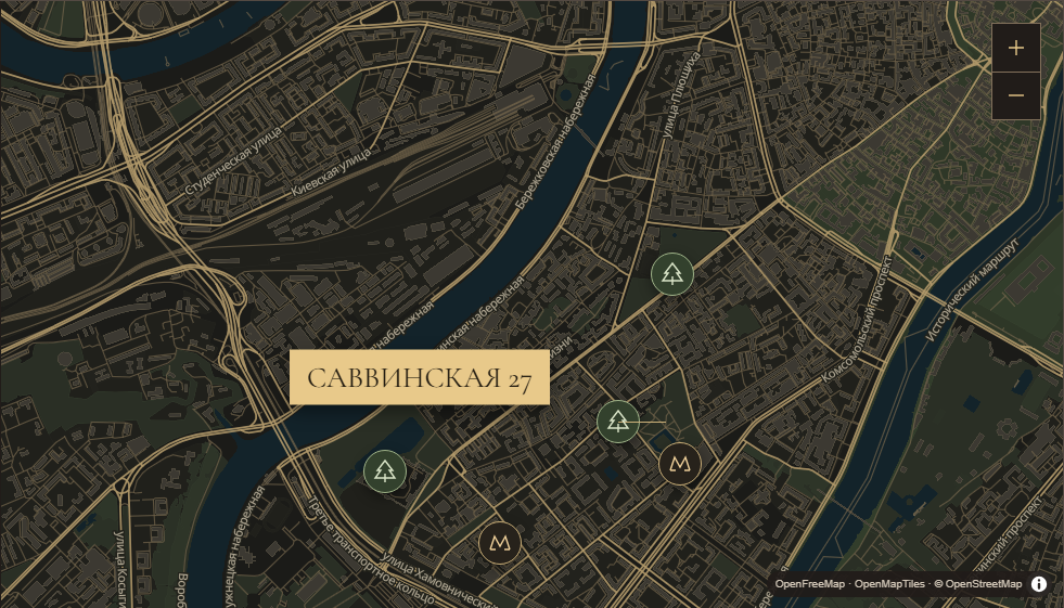 Карта Саввинской 27: метро и парки. OpenFreeMap / OpenStreetMap
