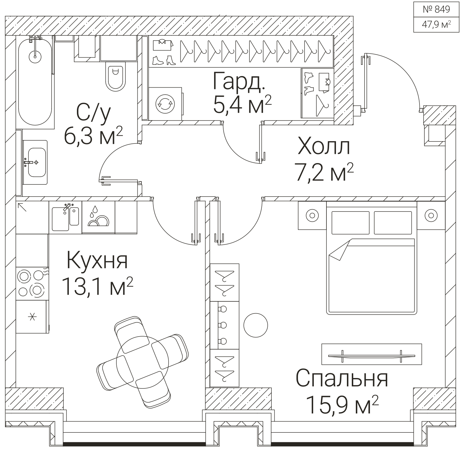 Официальная планировка SEZAR FUTURE, 47,9 м²