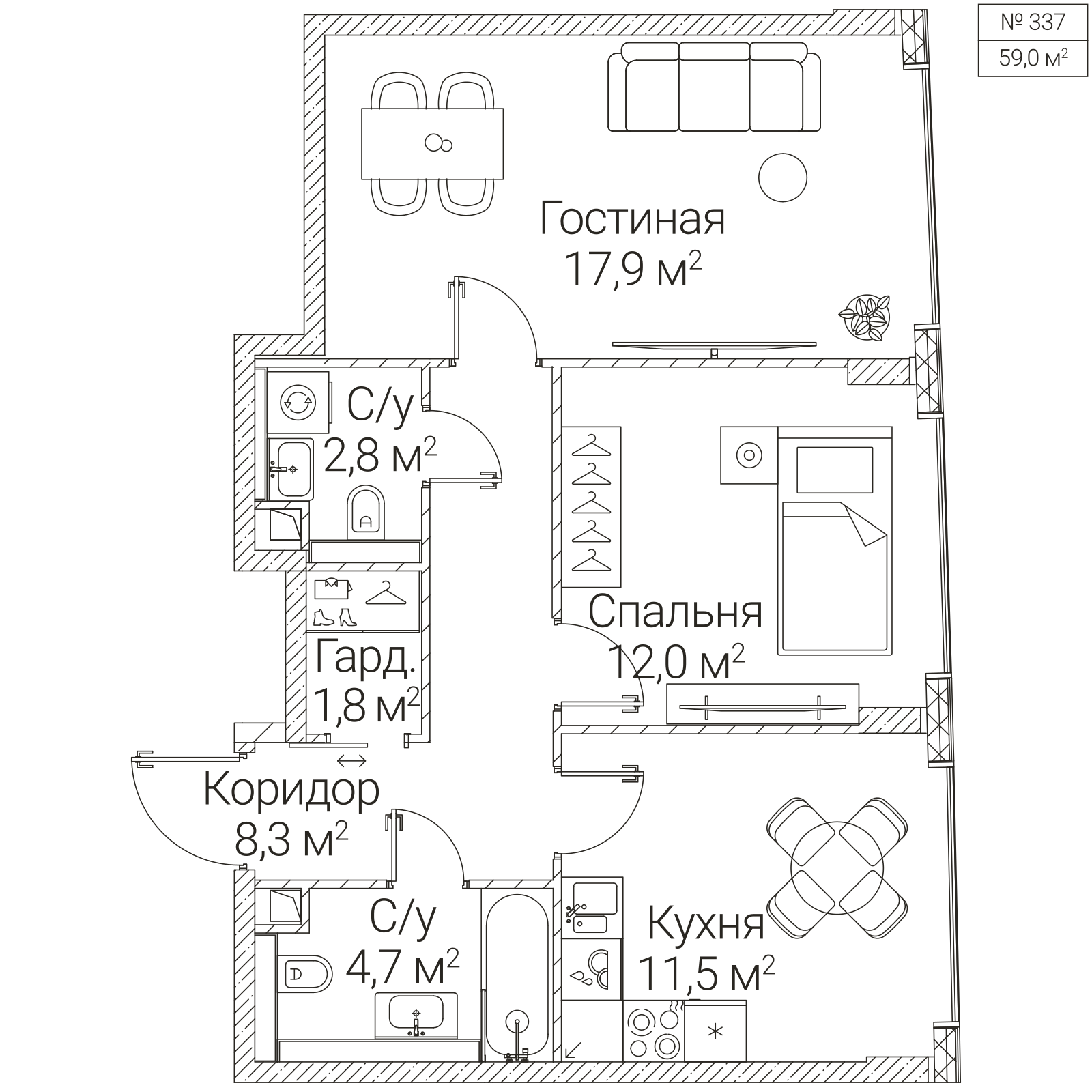 Официальная планировка SEZAR FUTURE, 59 м²