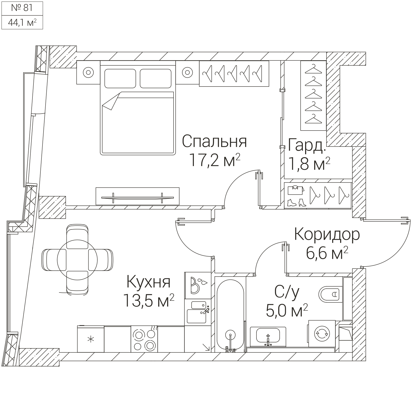 Официальная планировка SEZAR FUTURE, 44,1 м²
