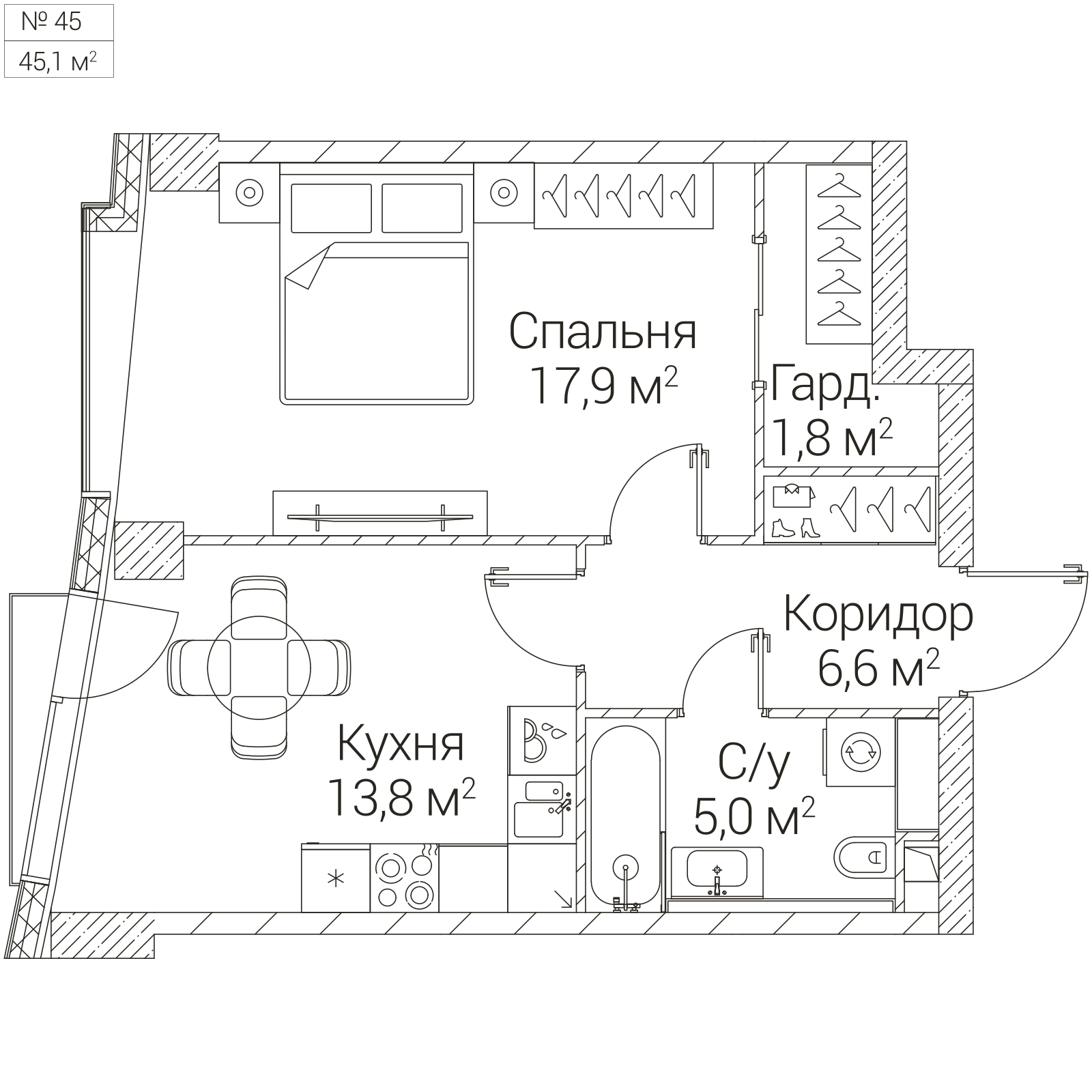 Официальная планировка SEZAR FUTURE, 45,1 м²