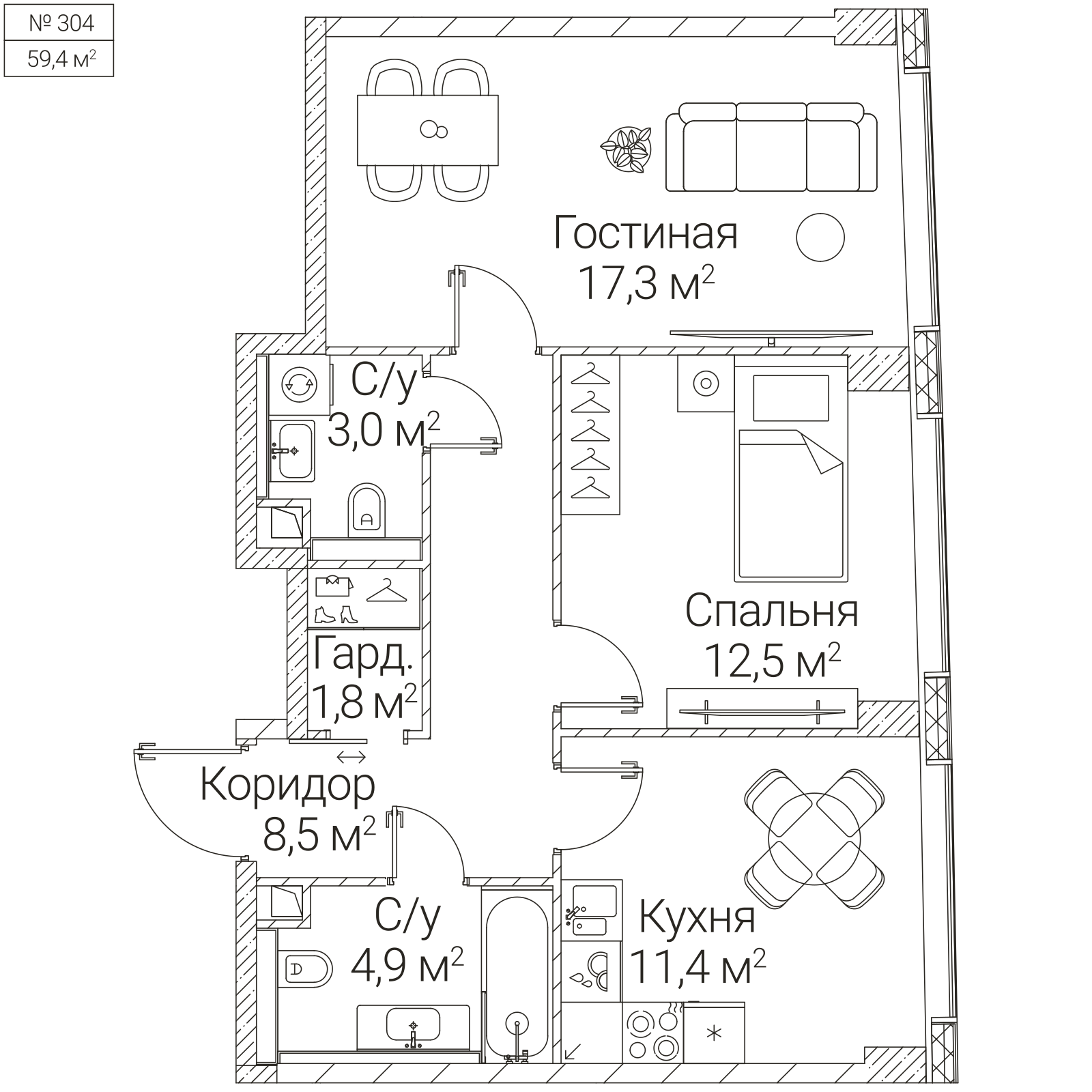 Официальная планировка SEZAR FUTURE, 59,4 м²