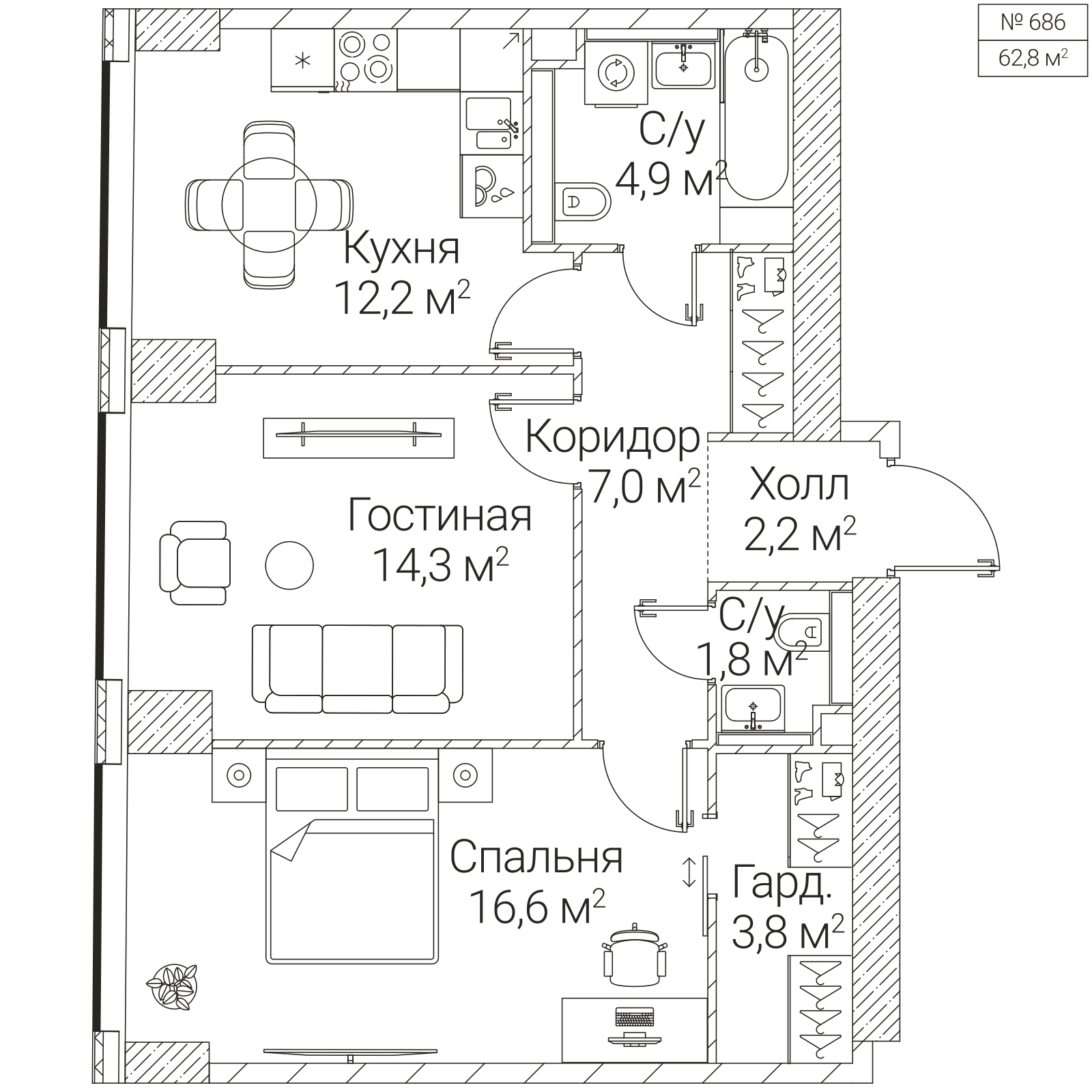 Официальная планировка SEZAR FUTURE, 62,8 м²